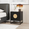 Black modern mid-century nightstand with fluted design, two drawers, and pine wood handles for versatile bedroom.