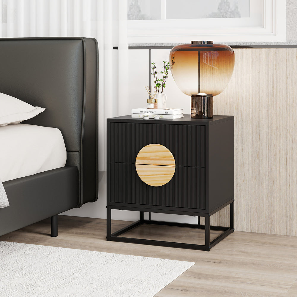 Black modern mid-century nightstand with fluted design, two drawers, and pine wood handles for versatile bedroom.