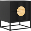 Modern black nightstand with fluted design, two drawers, and solid pine wood handles for versatile bedroom storage.