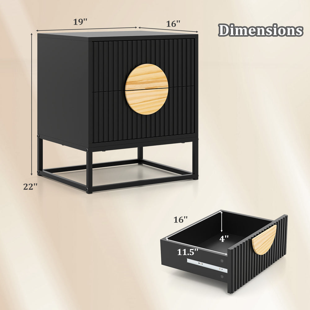 Black modern mid-century nightstand with two drawers and pine wood handles, featuring dimensions and sturdy metal base.