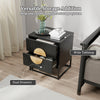 Modern black nightstand with dual drawers and pine wood handles, perfect for bedroom storage and décor.