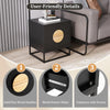 Modern black nightstand featuring solid pine wood handles, dual drawers, and a sturdy metal frame for versatile bedroom.