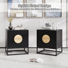 Modern Mid Century fluted nightstand in black with pine wood handles, featuring two drawers for versatile storage.