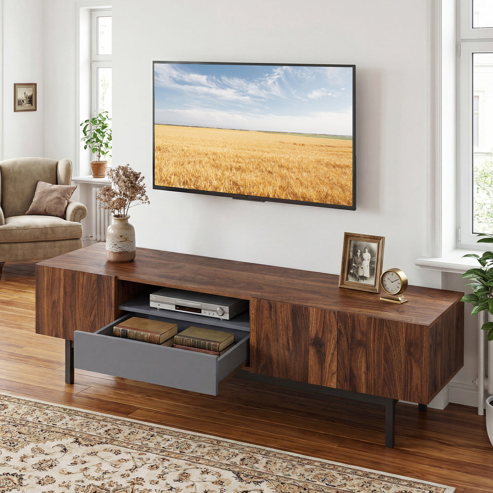 Modern Mid Century TV cabinet in walnut finish with drawer, designed for TVs up to 82", featuring ample storage space.