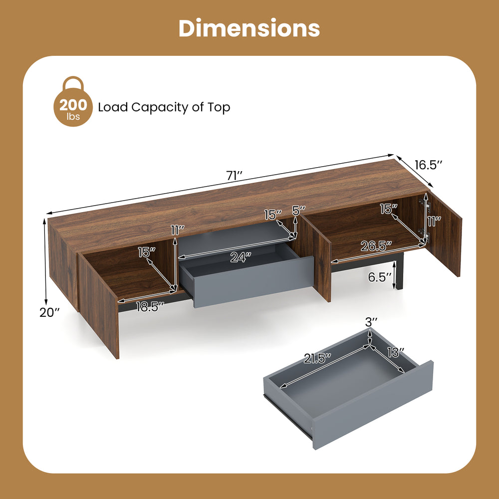 Dimensions of the Modern Mid Century TV Cabinet in walnut, featuring a drawer and ample space for TVs up to 82".