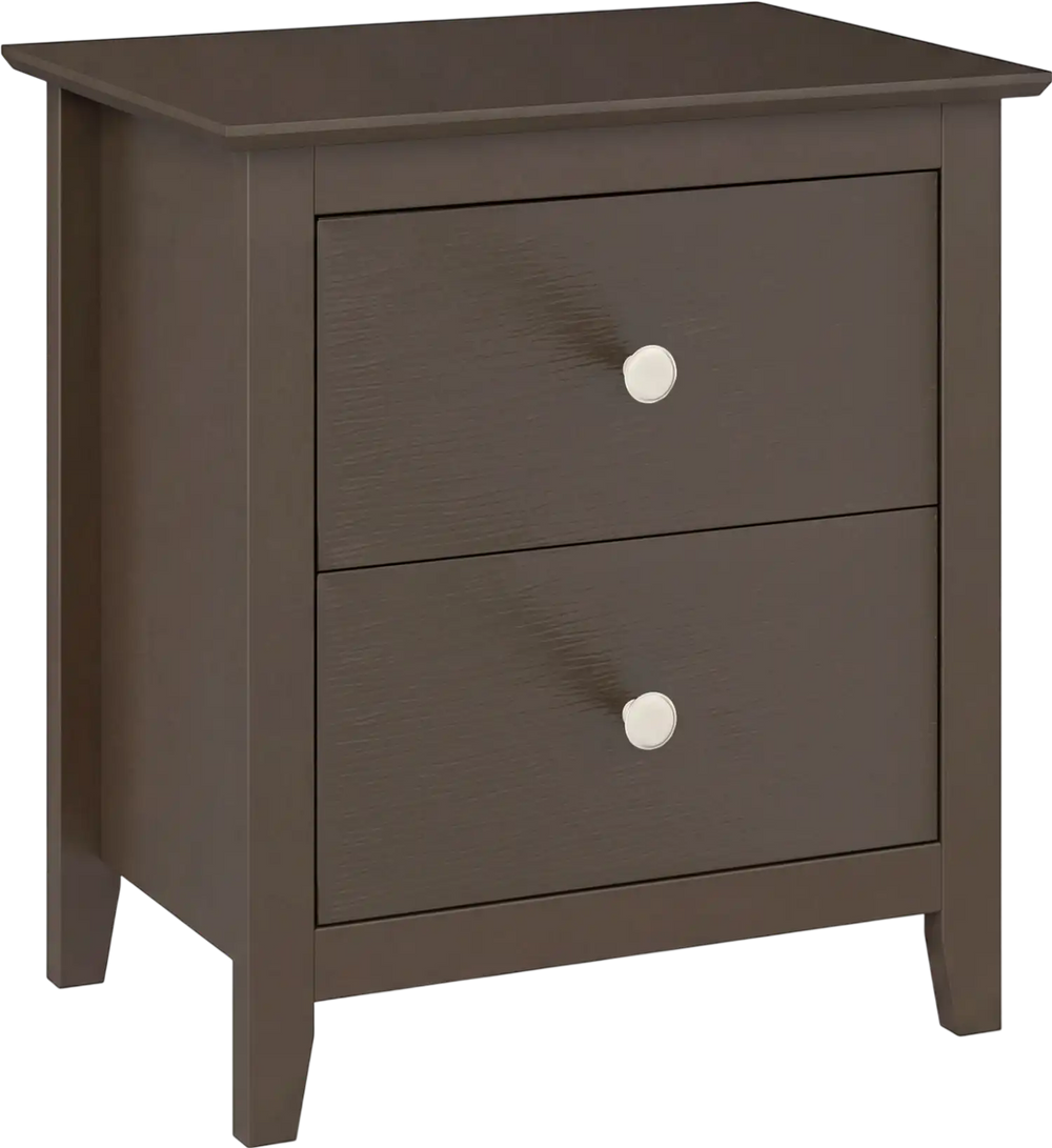 Modern brown nightstand with two drawers and a wide tabletop, ideal for bedroom or small space storage.