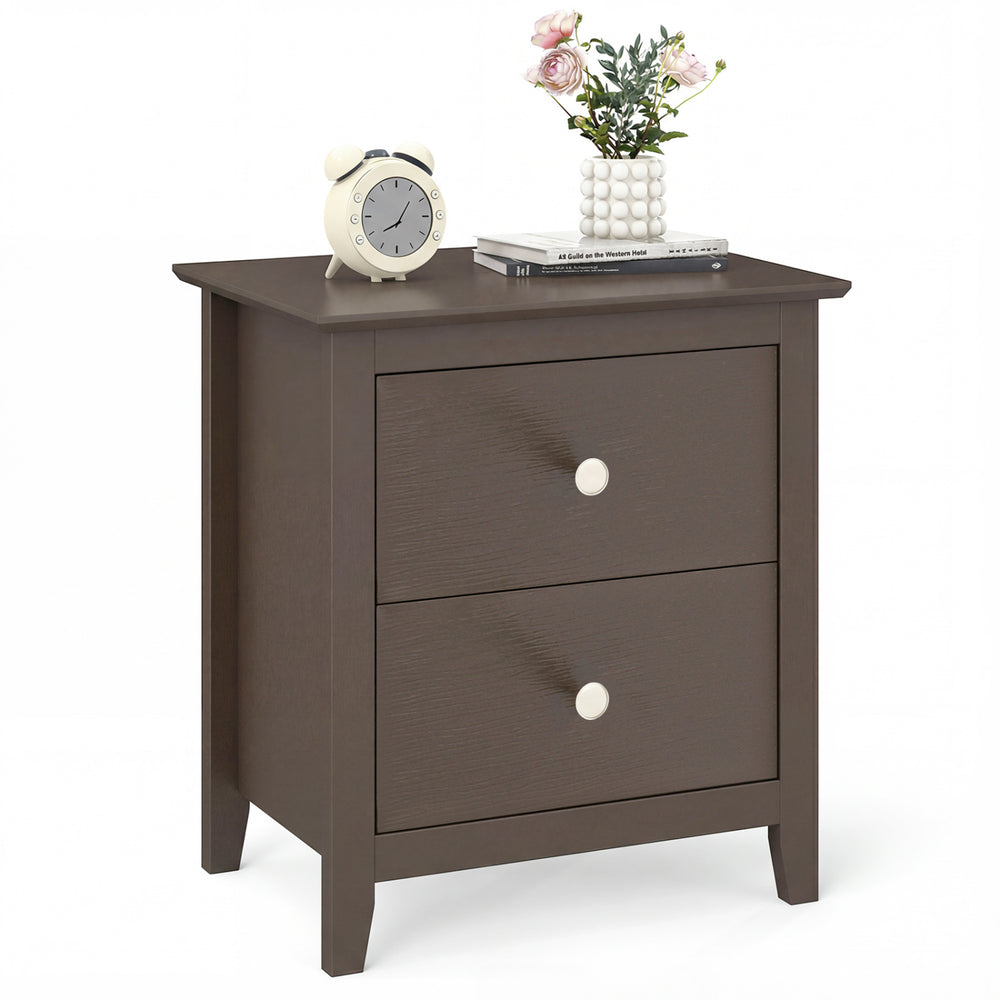 Modern brown nightstand with two drawers, featuring a wide tabletop and round metal knobs for easy access.