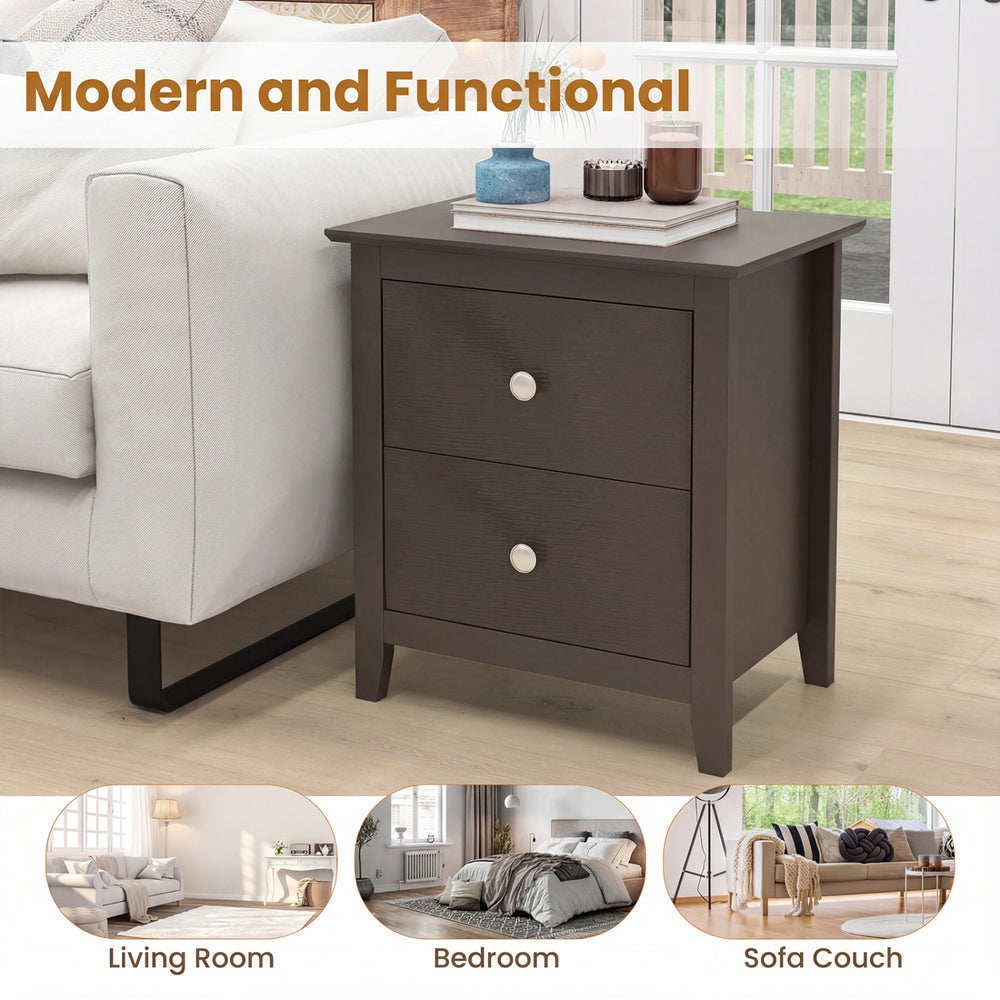 Modern nightstand in brown with two drawers, perfect for small spaces, ideal for bedroom or living room use.