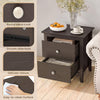 Modern brown nightstand featuring two drawers, round metal knob, and smooth slide rails for bedroom or office use.