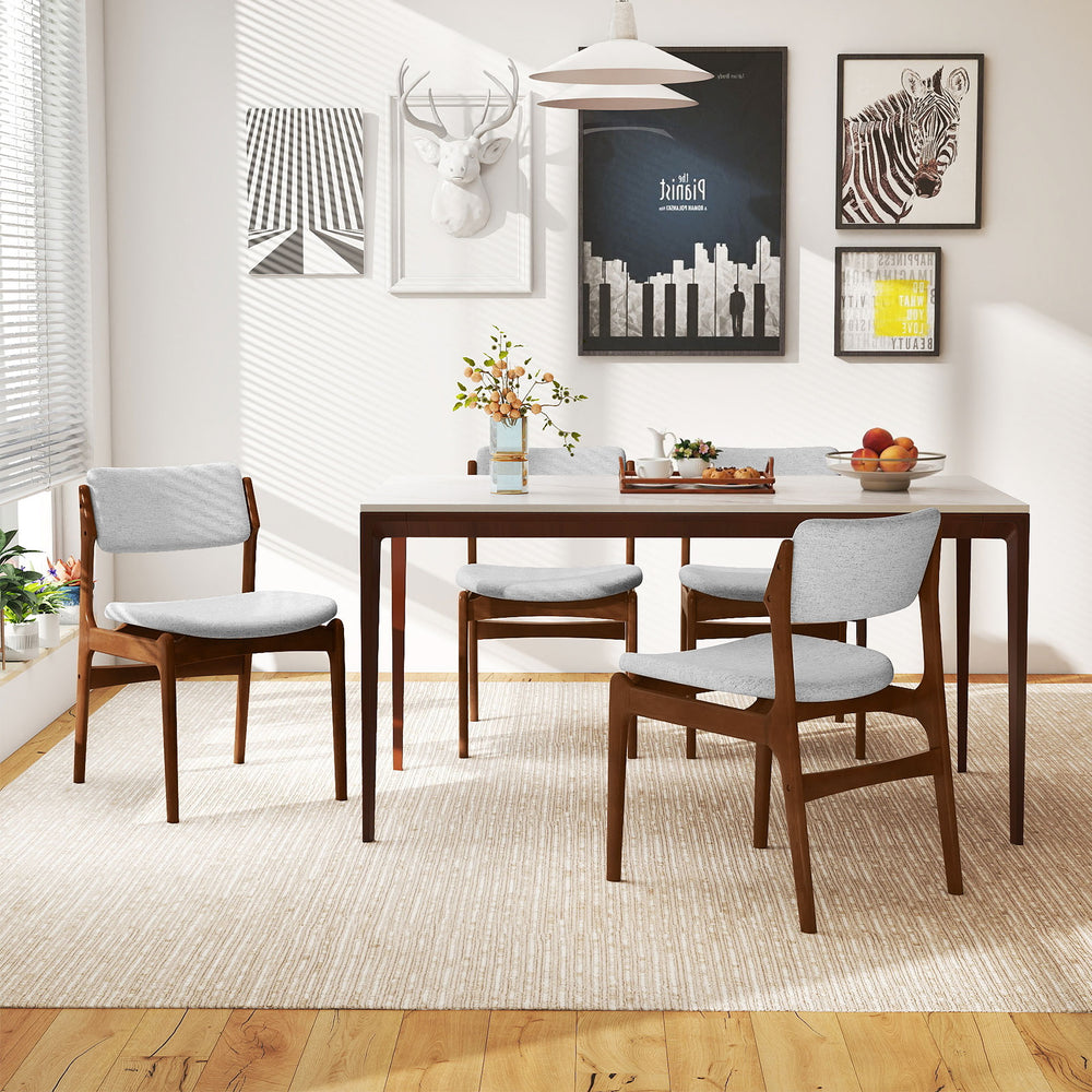 Modern padded dining chairs set of 4 with rubber wood legs, featuring gray linen fabric for comfort in a stylish dining.
