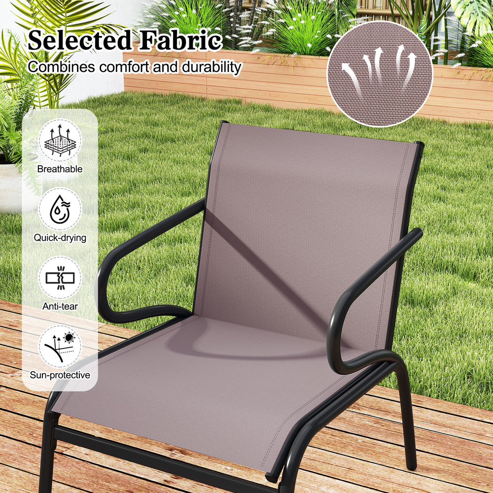 Breathable fabric patio chair showcasing ergonomic design and heavy-duty frame, perfect for outdoor relaxation.