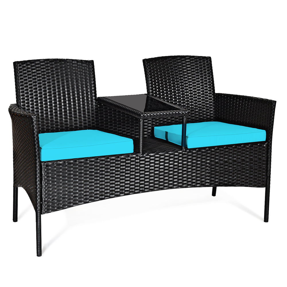 Modern Patio Conversation Set with Built-in Coffee Table and Cushions -Turquoise - Gallery View 1 of 9