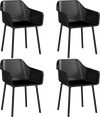 Set of 4 modern black plastic dining chairs with breathable mesh backrest for stylish kitchen seating.