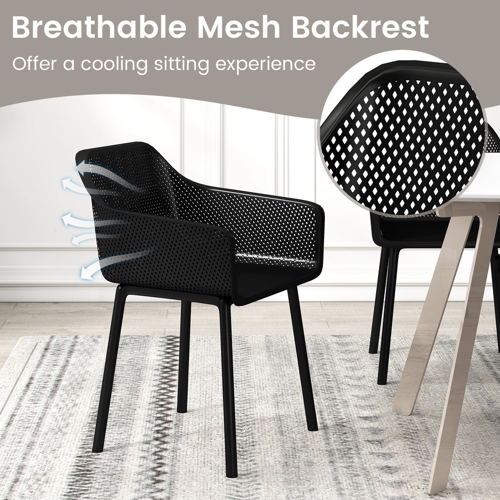 Black modern dining chair with breathable mesh backrest, ergonomic design for comfort, ideal for kitchen or dining room.