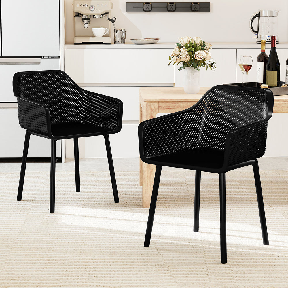 Set of 2 black modern plastic dining chairs with breathable mesh backrest, perfect for kitchen or dining room use.