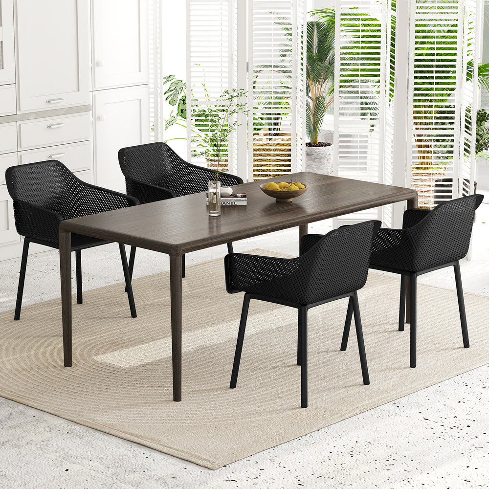 Modern dining table set featuring two ergonomic black plastic chairs with breathable mesh backs for stylish comfort.