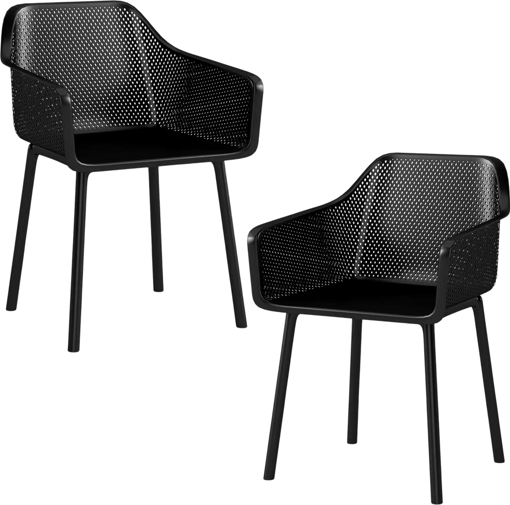 Set of 2 black modern plastic dining chairs with breathable mesh backrest for comfortable kitchen seating.