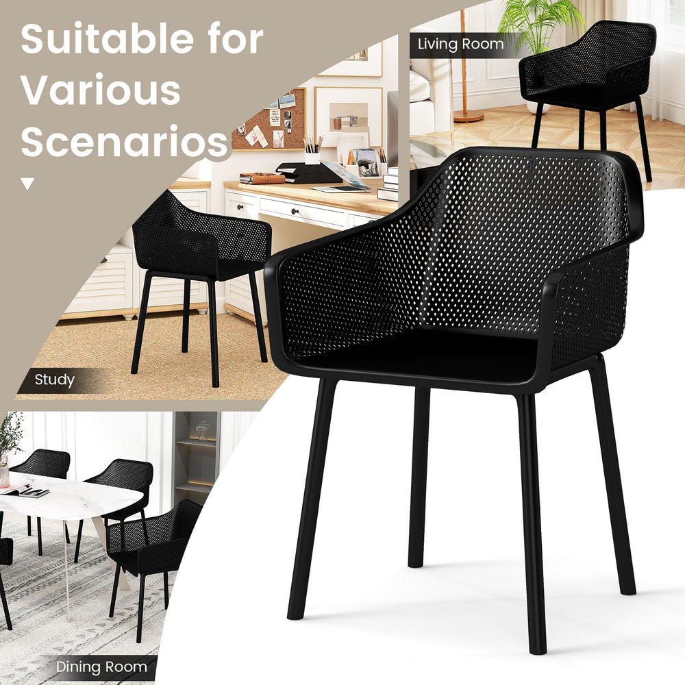 Black modern plastic dining chair with breathable mesh backrest, ideal for living room, dining room, or study use.