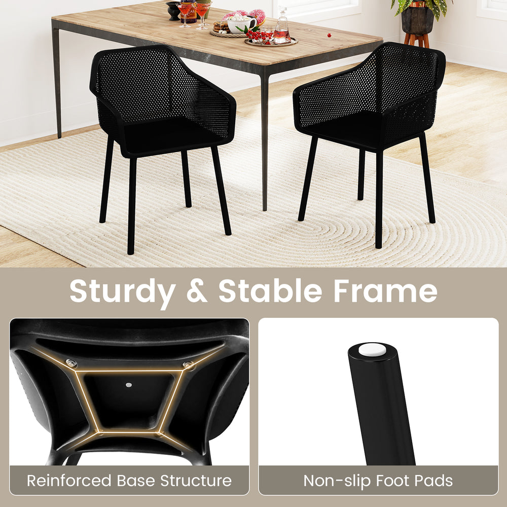 Set of 2 black modern plastic dining chairs with breathable mesh backrest and sturdy frame for kitchen or dining room.