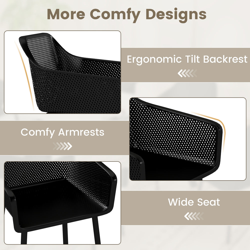 Close-up of the ergonomic tilt backrest and breathable mesh of a black plastic dining chair for ultimate comfort.