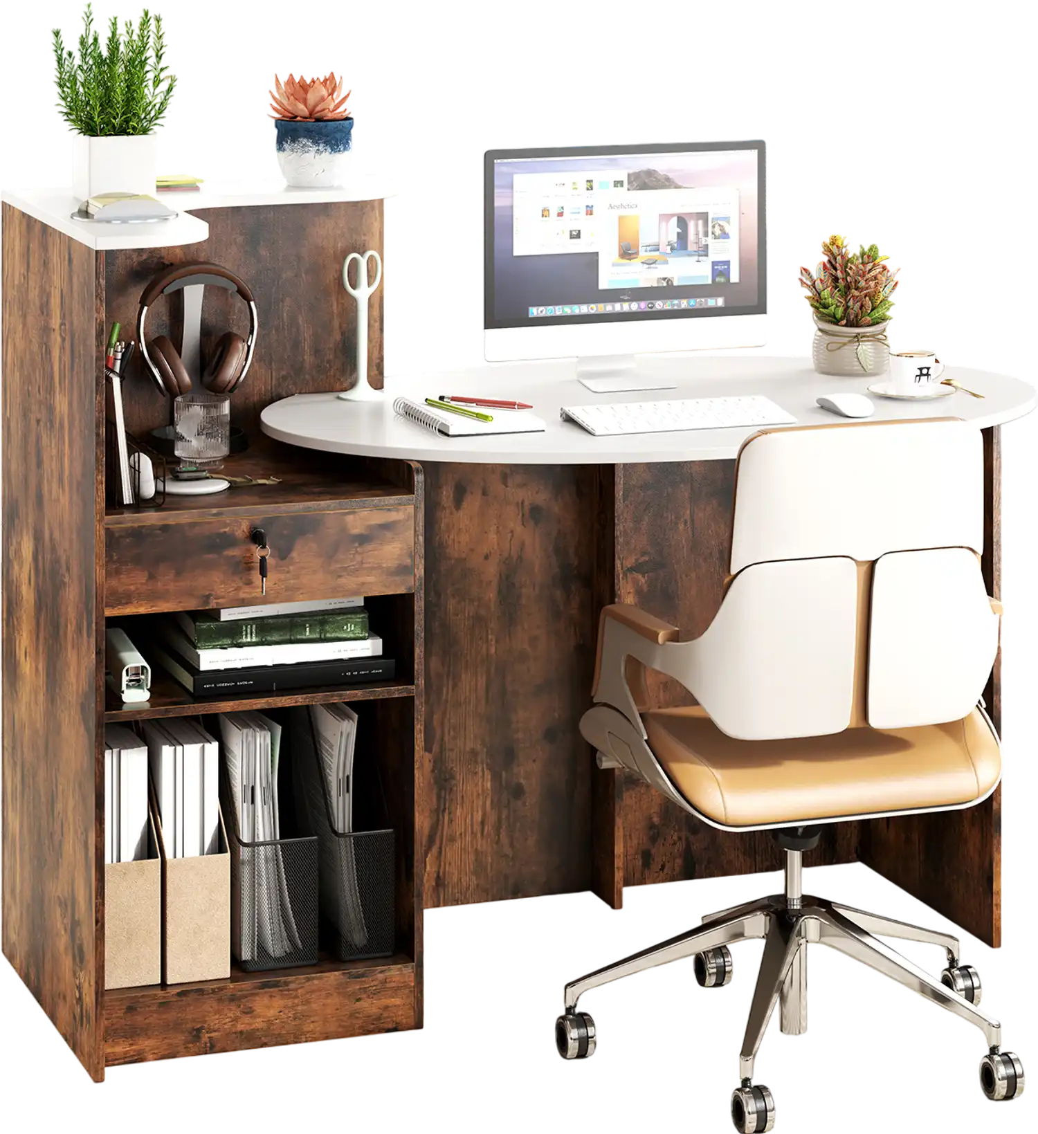 Costway Modern Reception Front Counter Desk Oval Tabletop Rustic Brown 865241973 New
