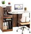 Modern reception desk with oval tabletop in rustic brown, featuring adjustable shelves and lockable storage drawer.