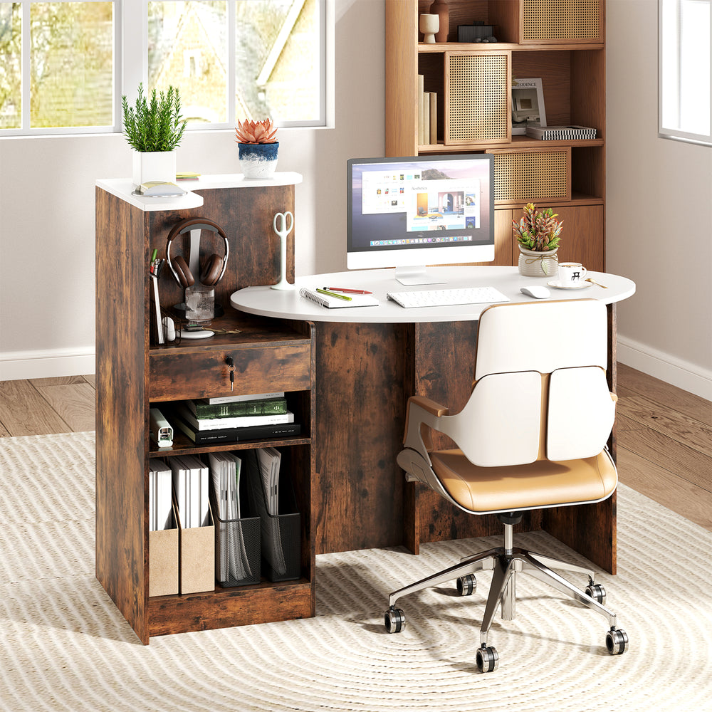 Modern Reception Desk Front Counter Desk with Oval Tabletop-Rustic Brown - Gallery View 1 of 11