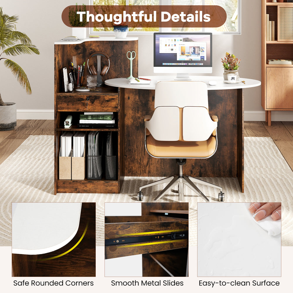 Modern reception desk with oval tabletop in rustic brown, featuring adjustable shelves and easy-to-clean surface.