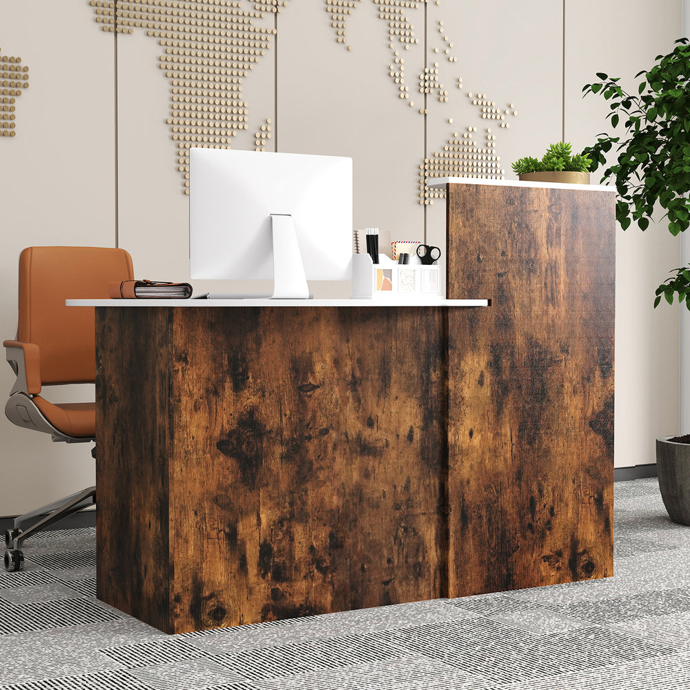 Modern reception desk in rustic brown with an oval tabletop, featuring a lockable drawer and adjustable shelves for.