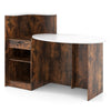 Modern reception desk with oval tabletop in rustic brown, featuring a lockable drawer and adjustable corner shelf for.