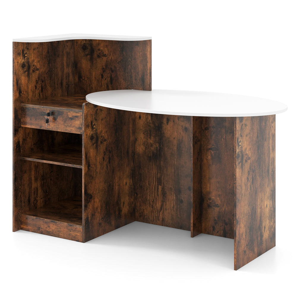 Modern reception desk with oval tabletop in rustic brown, featuring a lockable drawer and adjustable corner shelf for.