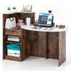 Modern reception desk in rustic brown with oval tabletop, corner shelf, and lockable storage drawer for versatile use.
