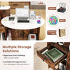 Modern reception desk with spacious oval tabletop, rustic brown finish, and lockable storage drawer for versatile use.