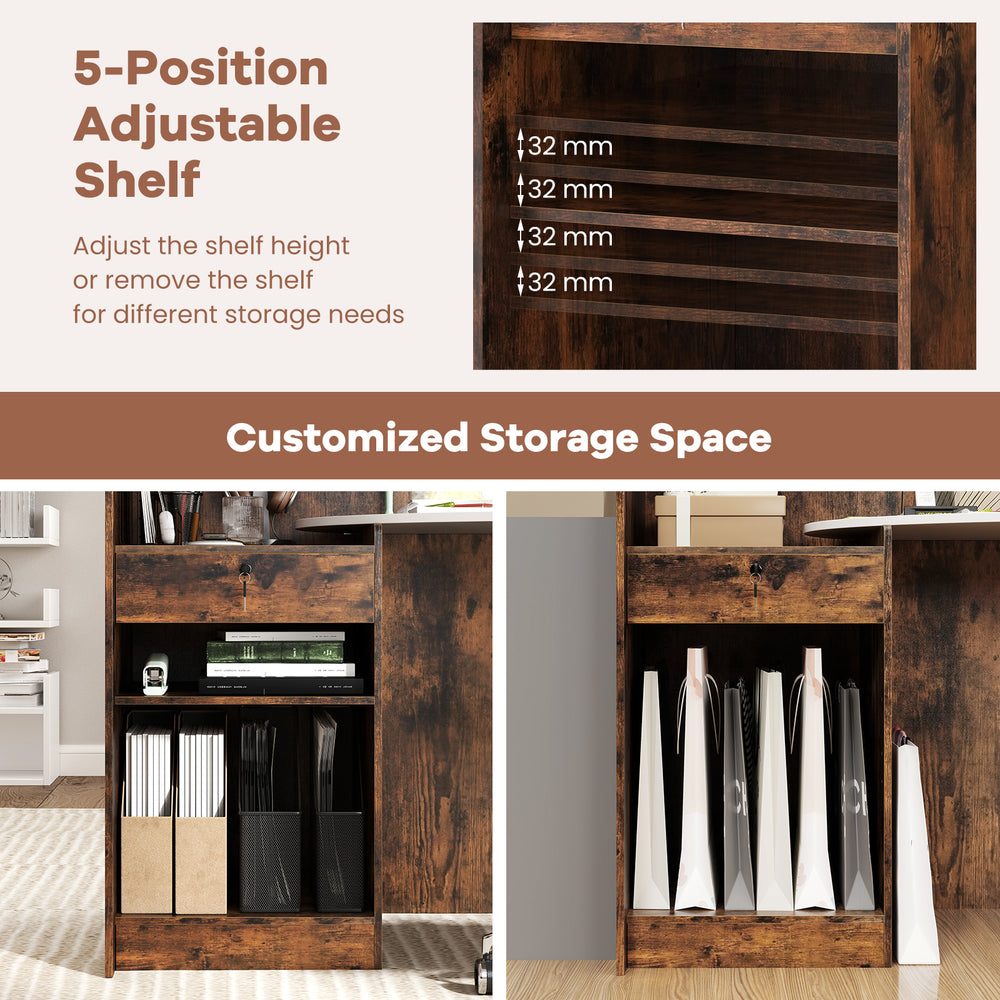 Adjustable 5-position shelf for customized storage in the Modern Reception Desk, featuring rustic brown finish.