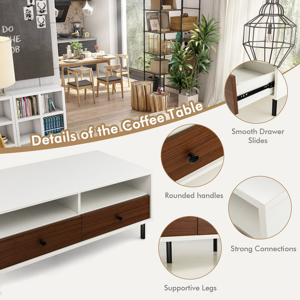 Modern rectangle coffee table with white finish, two drawers, and shelves for stylish storage in living rooms or.