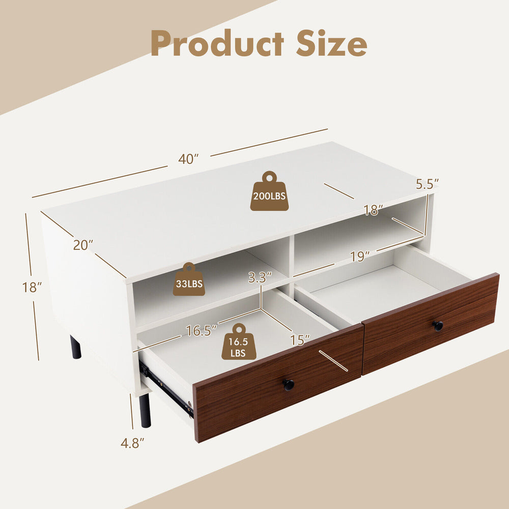 Dimensions of the 2 Tier 40 Inch Modern Rectangle Coffee Table with storage drawers and shelves for versatile use.