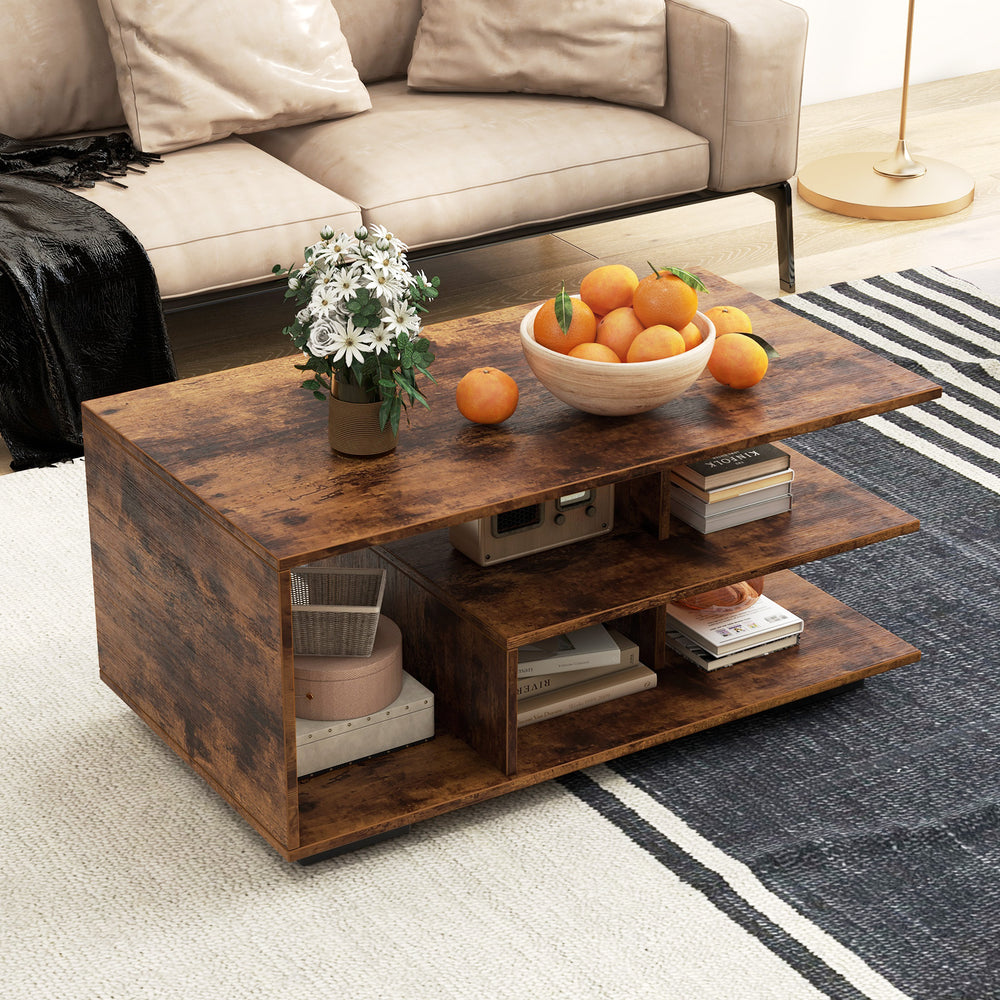 Rectangular Coffee Table with L-shaped Middle Shelf-Brown - Gallery View 1 of 10