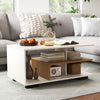 Rectangular coffee table with L-shaped middle shelf in white, featuring ample storage and a geometric design for modern.