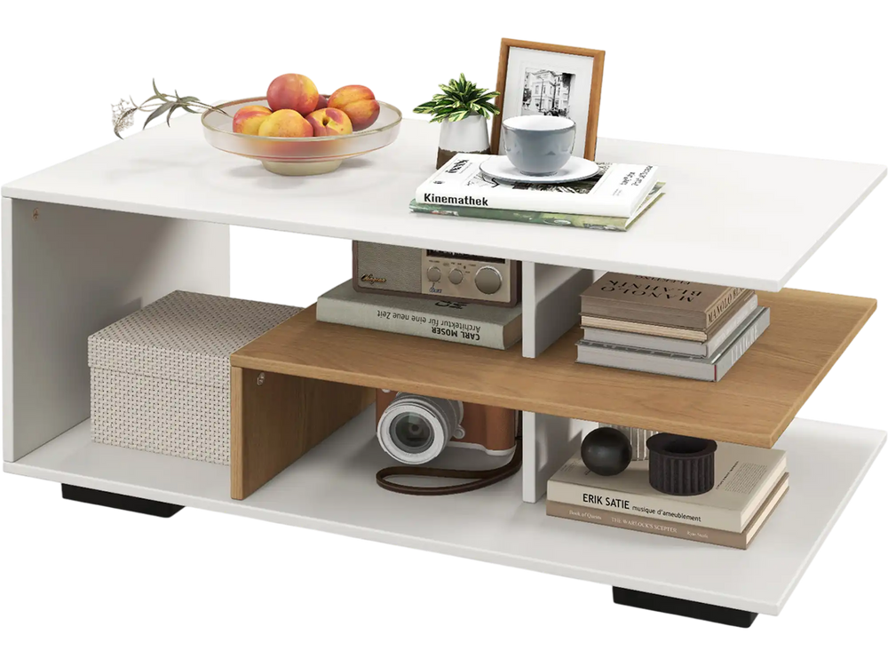 Rectangular coffee table with L-shaped middle shelf in white, featuring ample storage and a geometric design for easy.