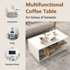 Rectangular coffee table with L-shaped middle shelf in white, featuring 3 tiers for storage and a geometric design.