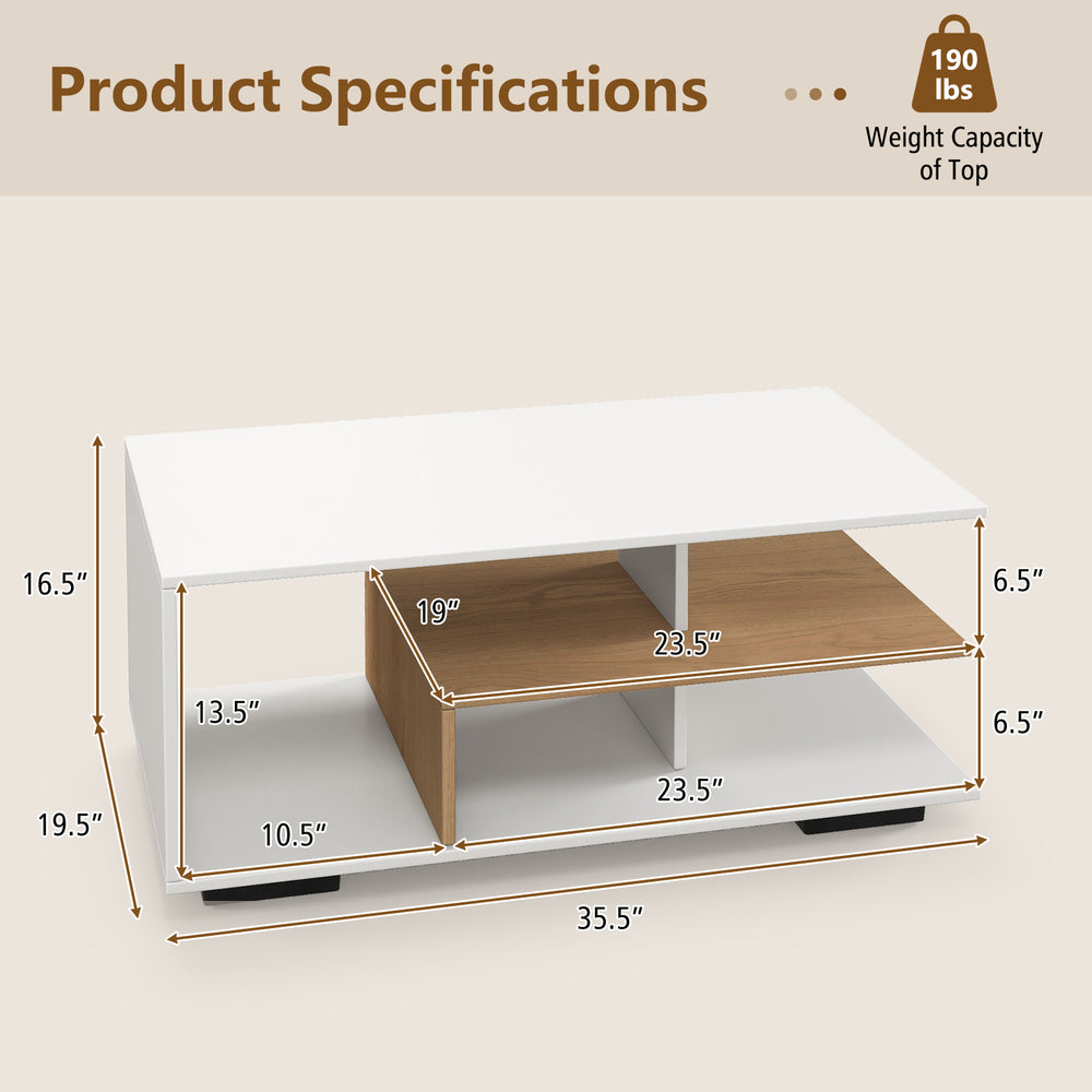 Rectangular coffee table with L-shaped middle shelf, white finish, featuring 3 tiers for storage and display.