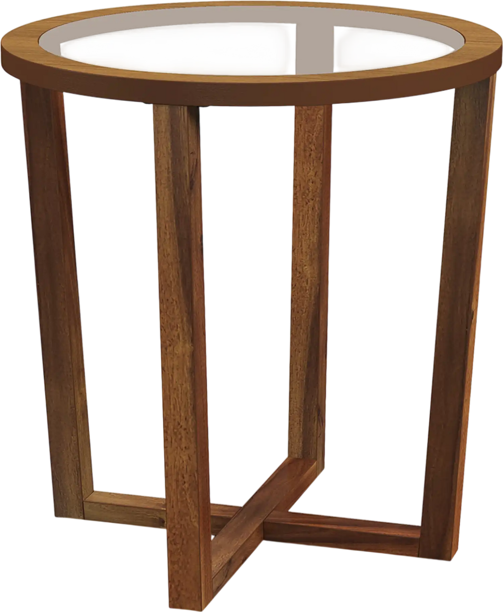 Modern round end table with a transparent tempered glass top and solid acacia wood legs for versatile decor.