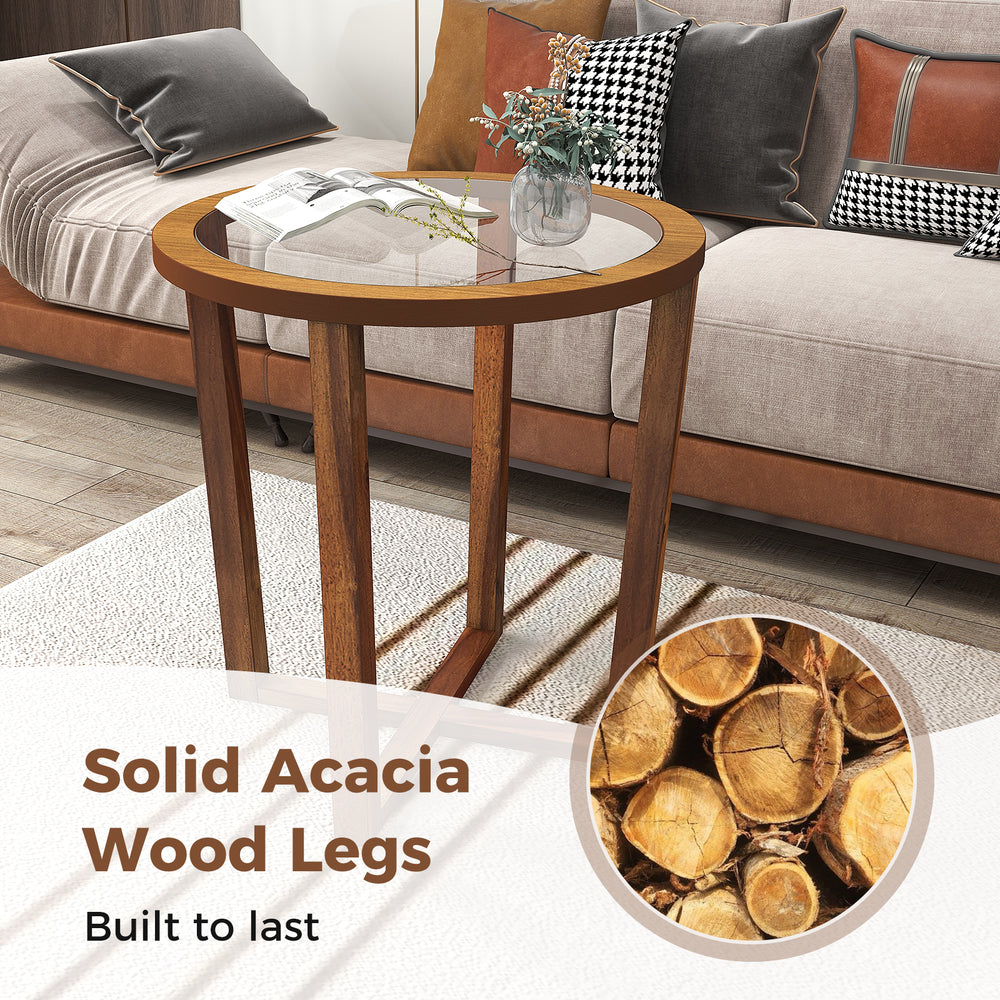 Modern round end table with transparent tempered glass top and solid acacia wood legs, ideal for stylish decor.