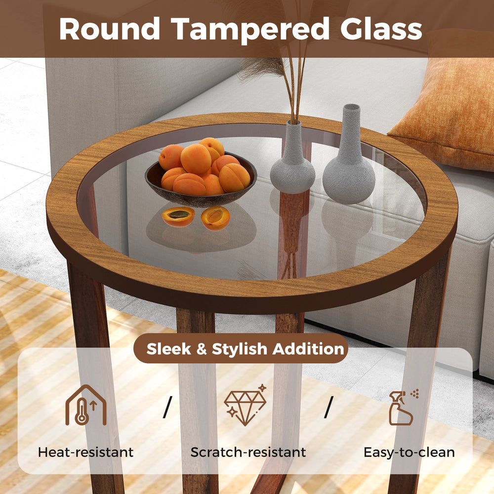 Round end table with transparent tempered glass top and solid acacia wood legs, perfect for decorative items.