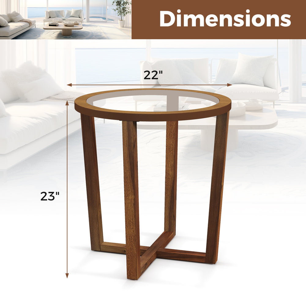 Round end table with transparent tempered glass top and solid acacia wood legs, featuring dimensions of 22" x 23".