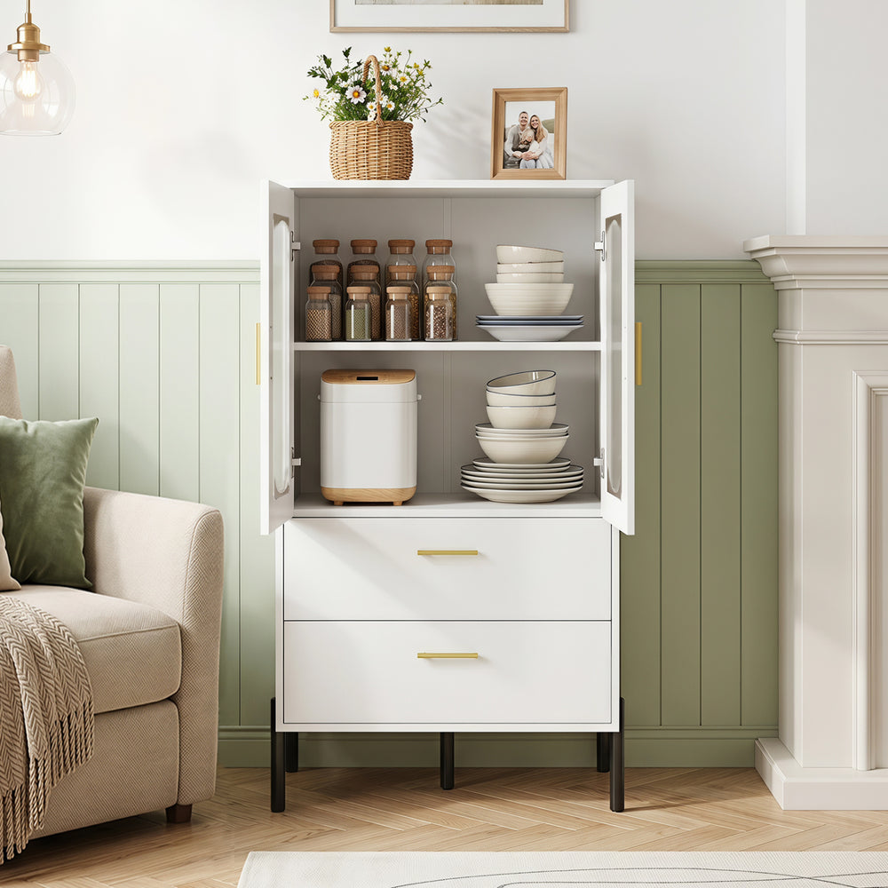 Modern sideboard buffet cabinet with fluted doors, showcasing organized dinnerware and stylish texture for any living space.