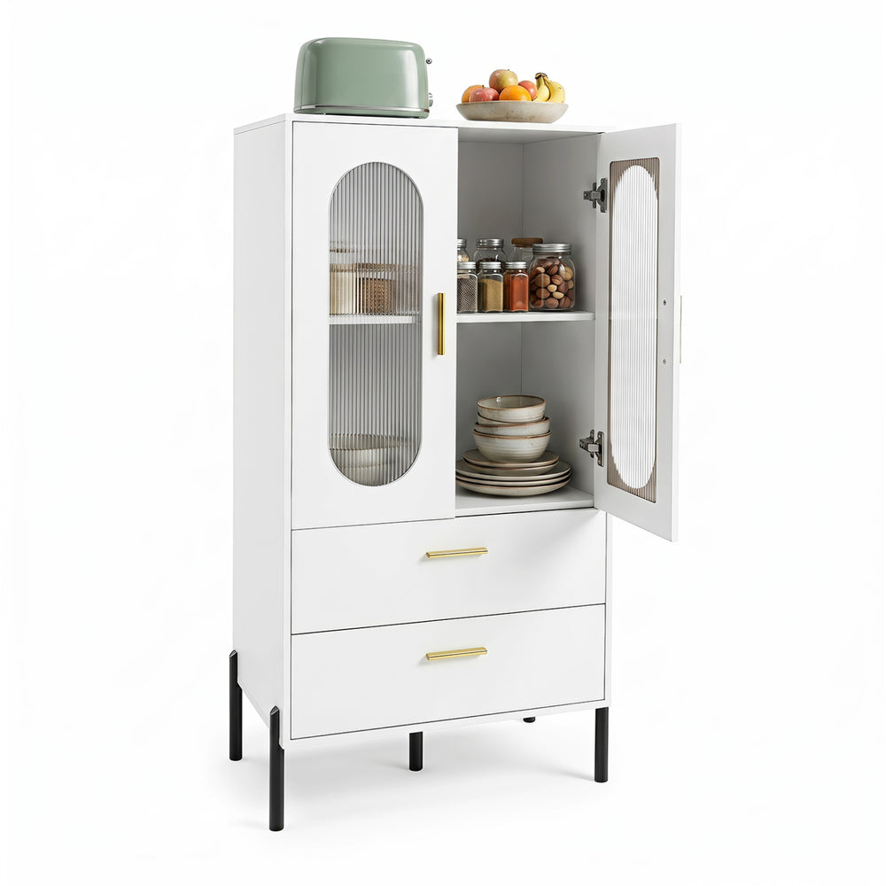 Modern sideboard buffet cabinet in white with fluted doors, featuring two drawers and ample storage for dining essentials.
