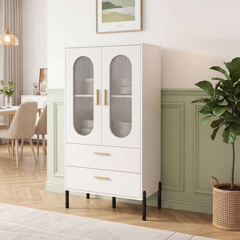 Modern white sideboard buffet cabinet with fluted doors, featuring two drawers and ample storage for dining essentials.