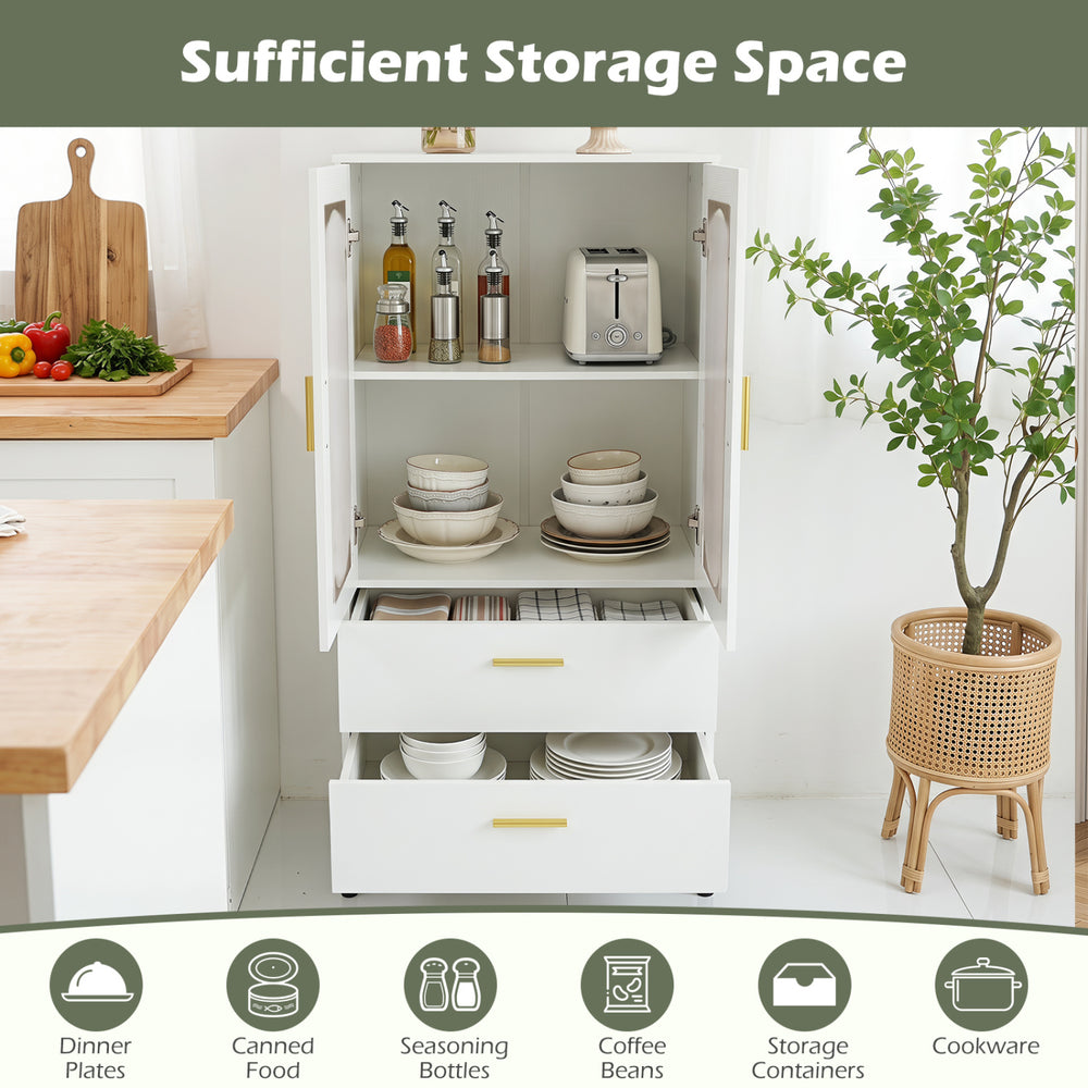 Modern white sideboard buffet cabinet with fluted doors, featuring ample storage for dinner plates and cookware.