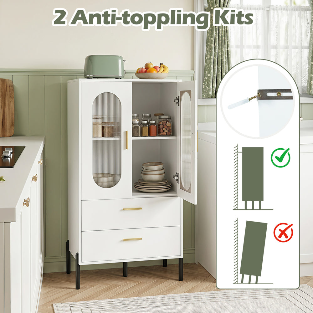 Modern sideboard buffet cabinet in white with fluted doors, featuring two drawers and ample storage for kitchen essentials.